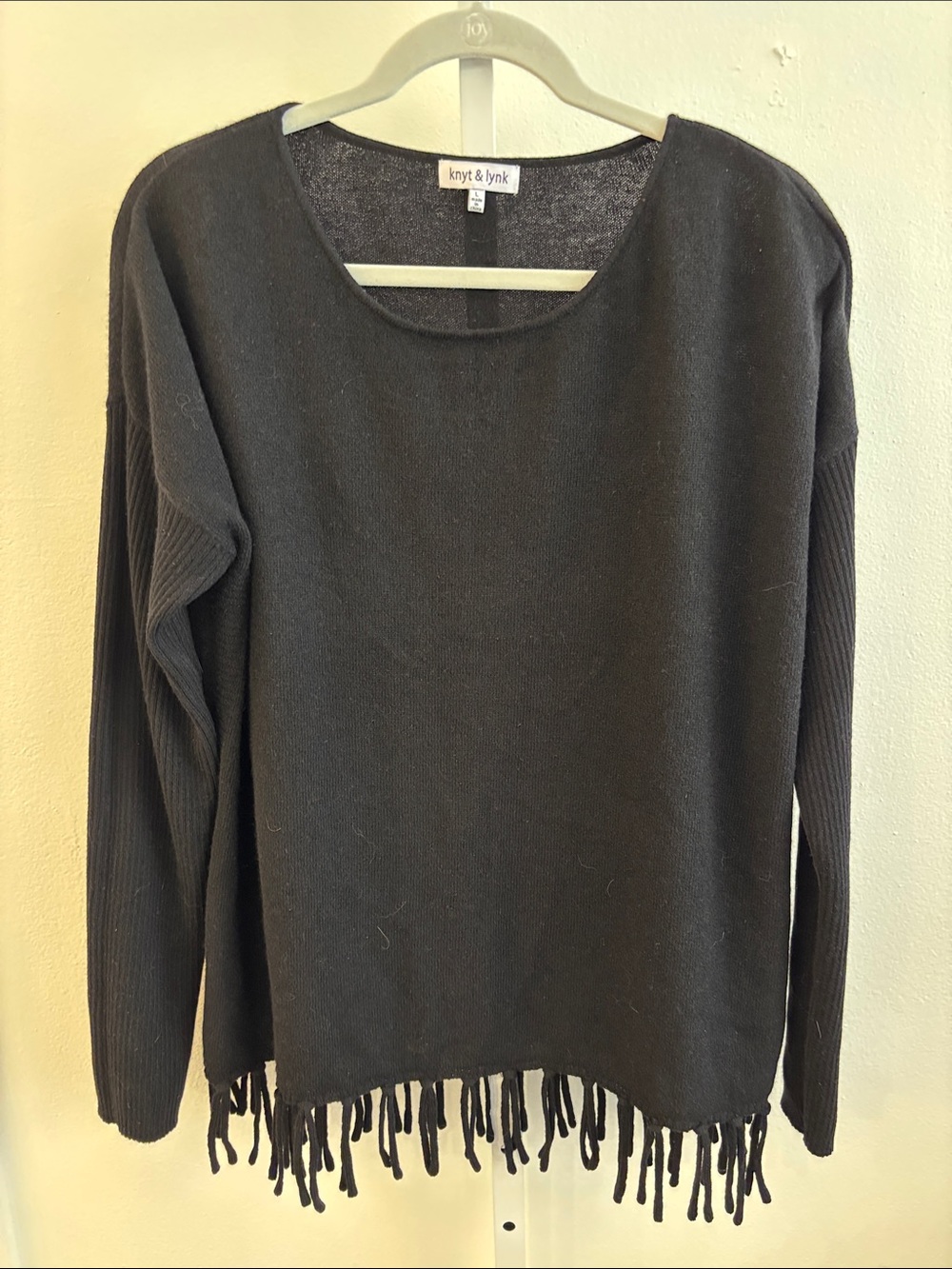 Knyt & Lynk 100% Cashmere Fringe Hem Sweater Black Soft Lightweight Size Large